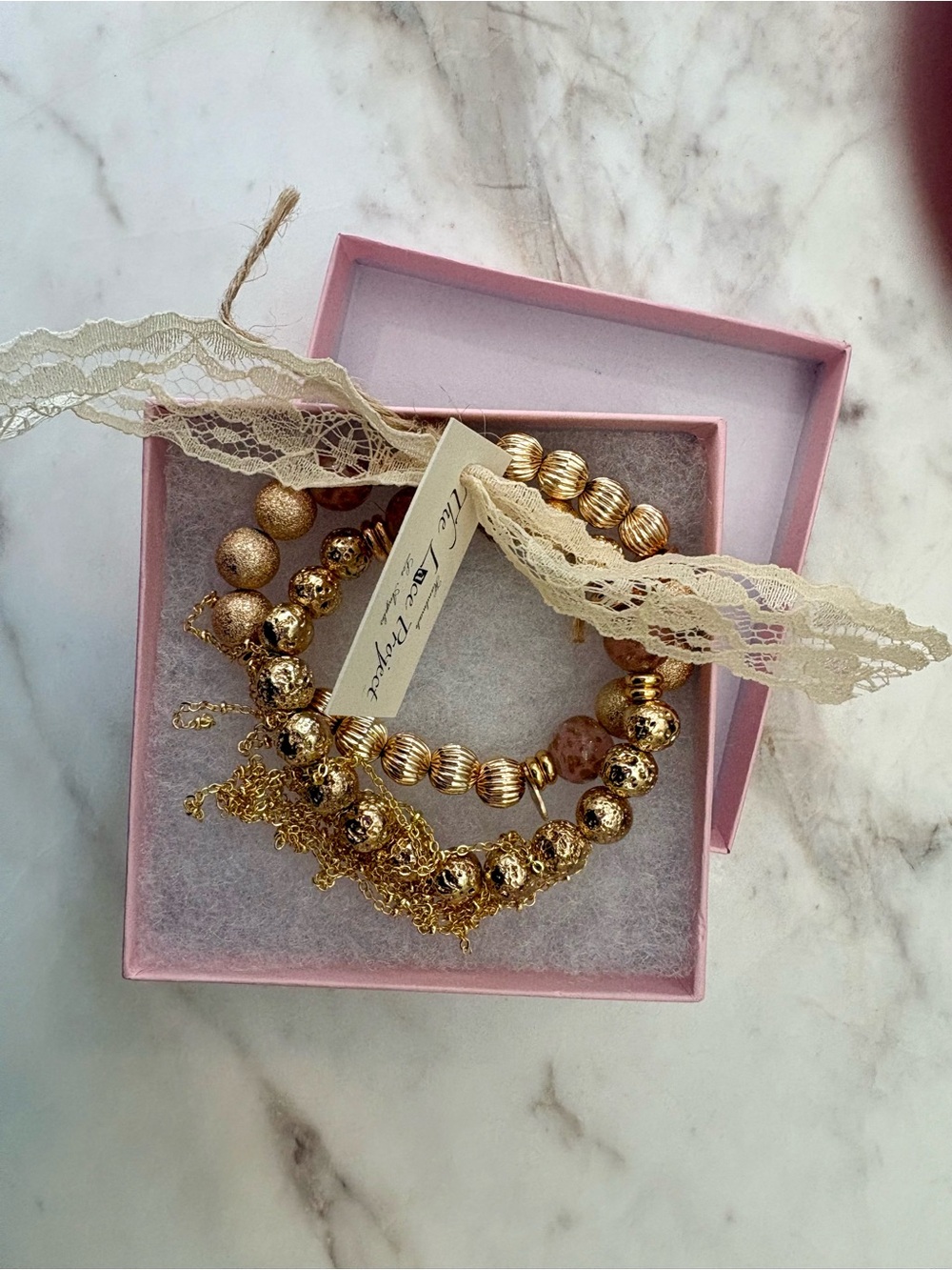 NWT RETIRED The Lace Project Pink & Gold Set